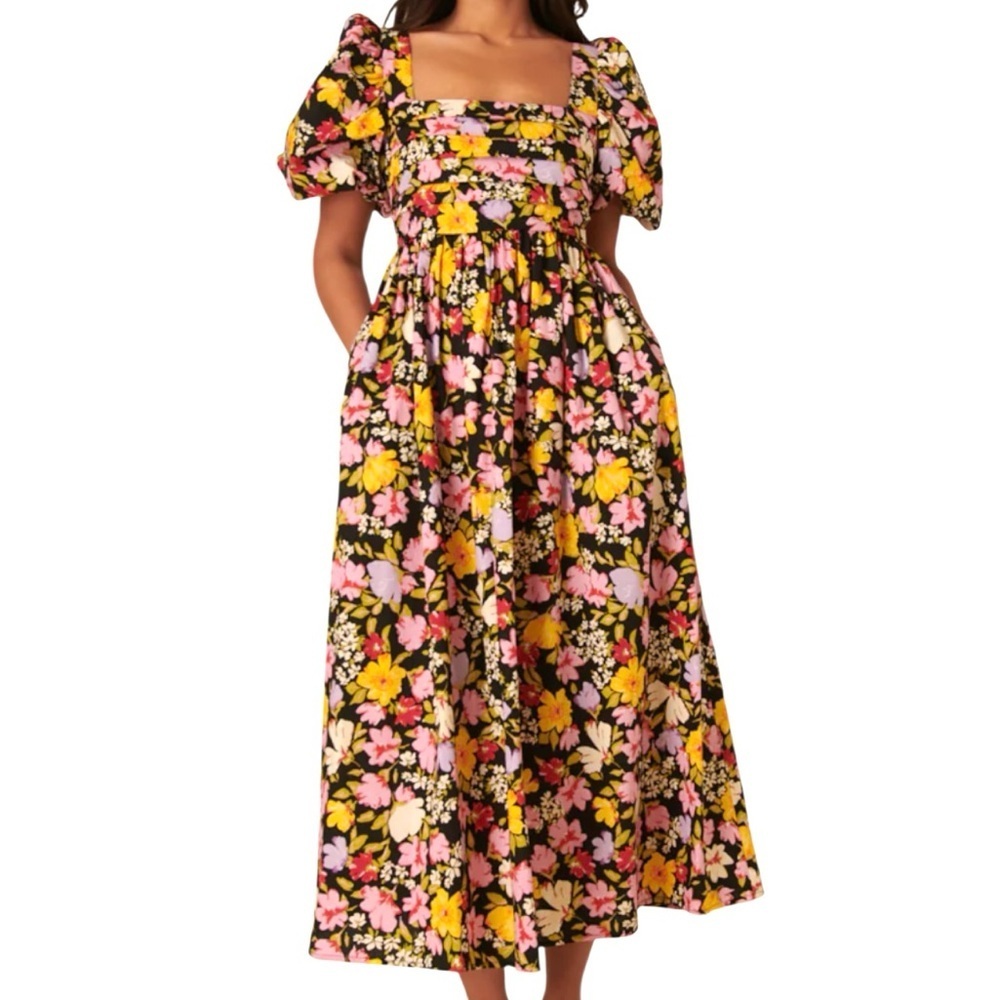 NWT Nobody’s Child Nova Puff Sleeve Black Floral Midi Dress Size 6